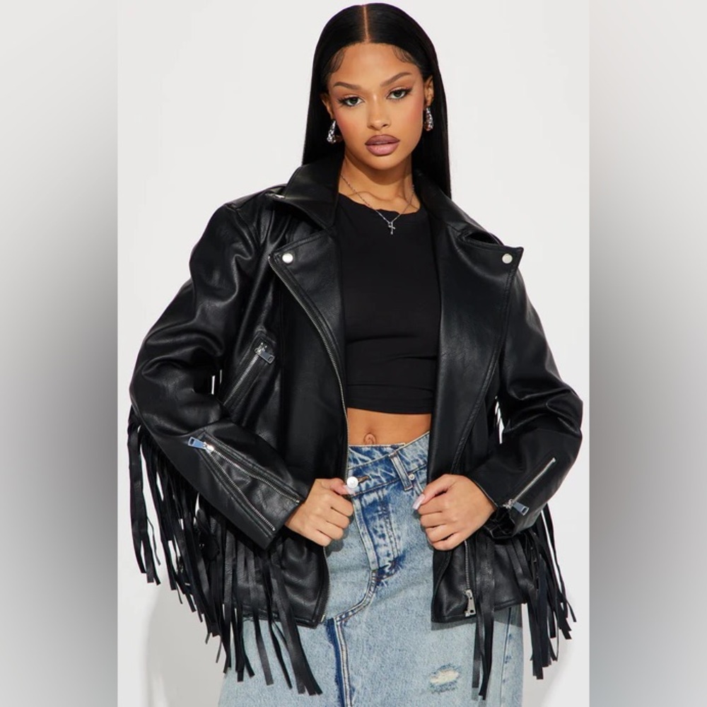Black Fringe Faux Leather Jacket